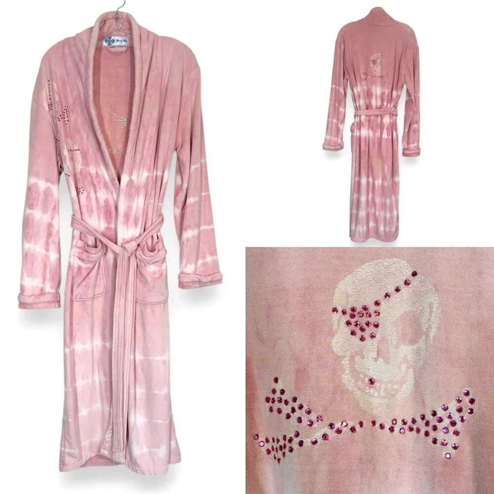 Vintage Y2K Pink Robe Skulls Medium Rhinestones Bling Rare Whimsigoth
